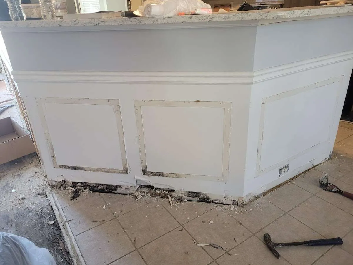 Water damage and mold on kitchen during Storm Damage Restoration in Phelan